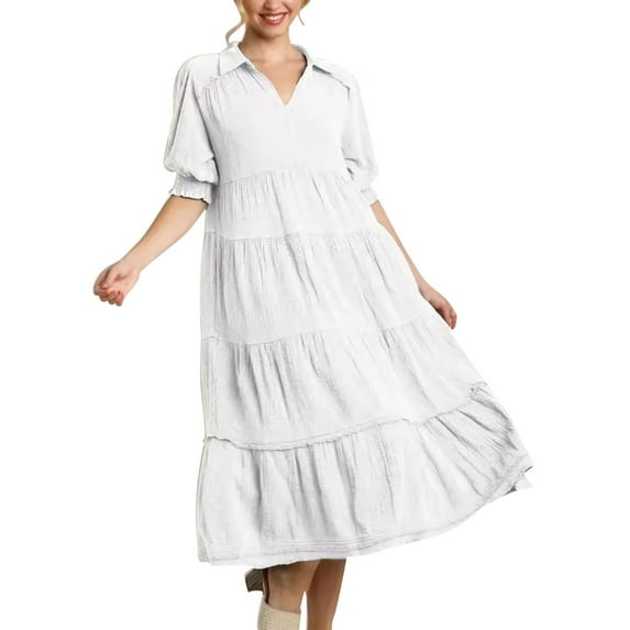 hotojiny Plus Size Dresses for Curvy Women Casual Plain V Neck Lapel Tiered Dress Cute Half Sleeve Flowy Beach Dress