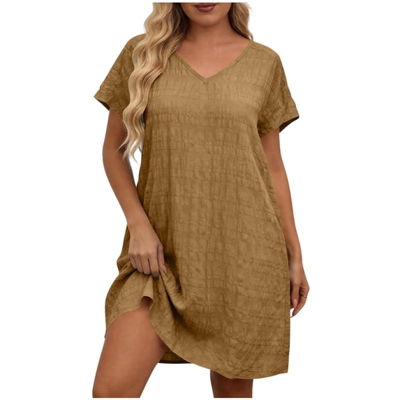 hotojiny Plus Size Dresses for Women Casual Textured Summer Tshirt Dress Wedding Guest Dress Short Sleeve V Neck Vacation Clothes