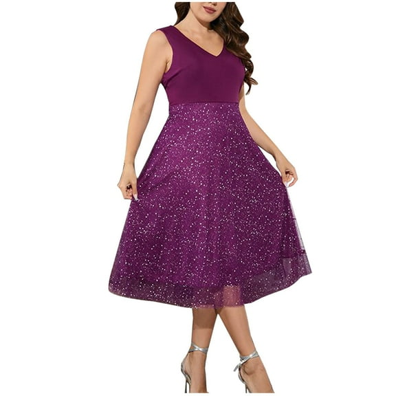 hotojiny Plus Size Dresses for Women V Neck Sleeveless Sequin Dress Wedding Guest Cocktail Evening Party Midi Dress