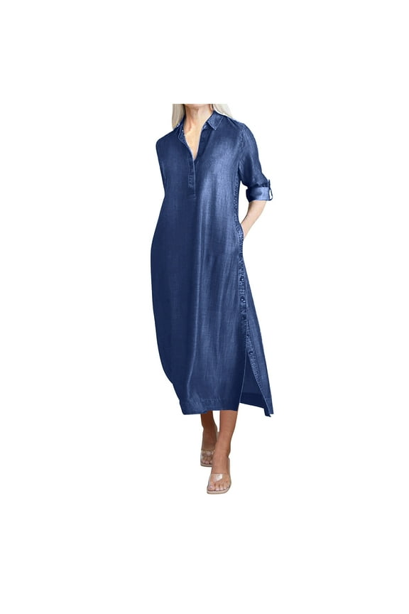 Plus Size Maxi Dress for Women Casual Long Sleeve Lapel Denim Dress with Pockets Loose Jean Look like Fashion Dress