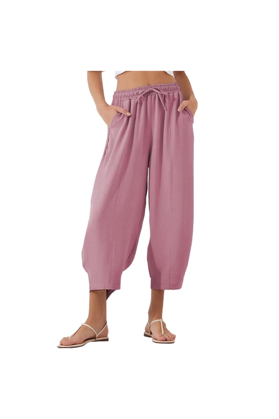 Plus Size Pants for Women Casual Baggy Wide Leg Harem Capris Loose Fit Drawstring Beach Vaction Cropped Trousers with Pockets
