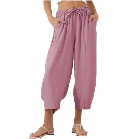 hotojiny Plus Size Pants for Women Casual Baggy Wide Leg Harem Capris Loose Fit Drawstring Beach Vaction Cropped Trousers with Pockets