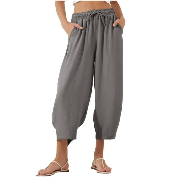 hotojiny Plus Size Pants for Women Casual Baggy Wide Leg Harem Capris Loose Fit Drawstring Beach Vaction Cropped Trousers with Pockets