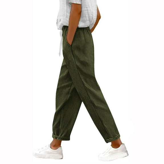 hotojiny Plus Size Pants for Women Corduroy Casual Drawstring Straight Leg Pants Loose Comfy Elastic High Waist Trousers with Pockets