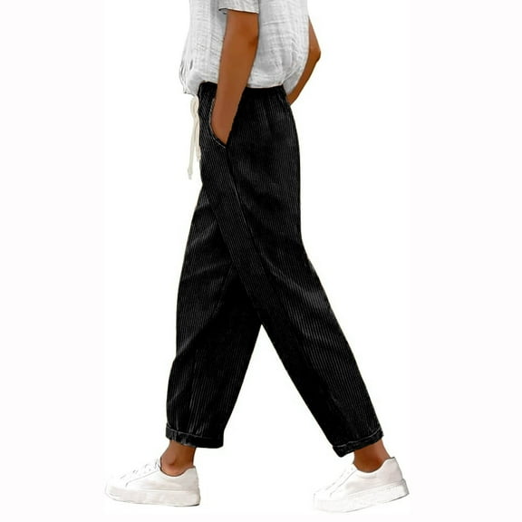 hotojiny Plus Size Pants for Women Corduroy Casual Drawstring Straight Leg Pants Loose Comfy Elastic High Waist Trousers with Pockets