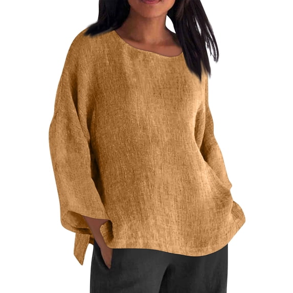 hotojiny Plus Size Shirt for Women Cotton Linen Breathable Long Sleeve Beach Tee Oversized Loose Solid Color Crew Neck Tops