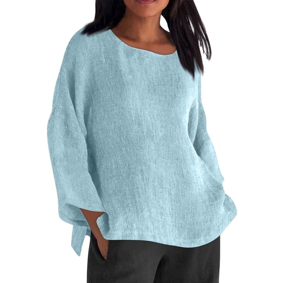 hotojiny Plus Size Shirt for Women Cotton Linen Breathable Long Sleeve Beach Tee Oversized Loose Solid Color Crew Neck Tops
