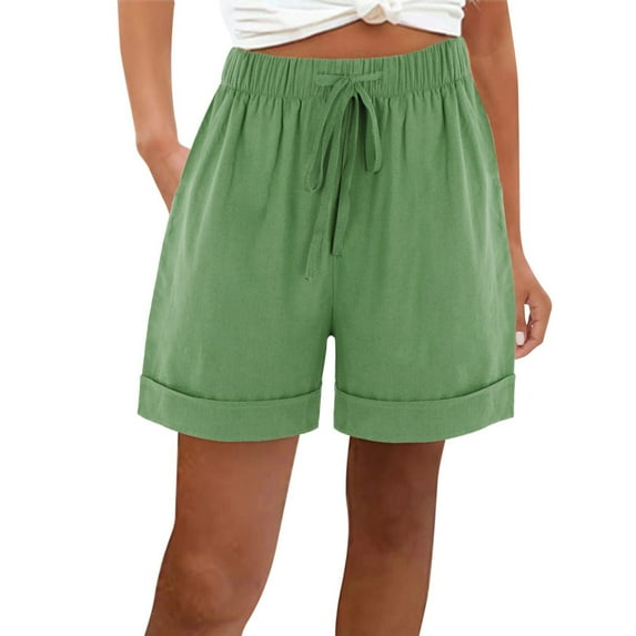 hotojiny Plus Size Shorts for Women Cotton Linen Casual Drawstring Loose Shorts Summer Wide Leg Rolled Beach Shorts with Pockets