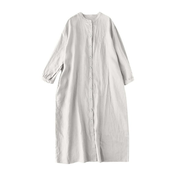 hotojiny Plus Size Spring Clothes for Women Crew Neck Button down Shirt Dress Loose Long Sleeve Beach Cover up Dress with Pockets