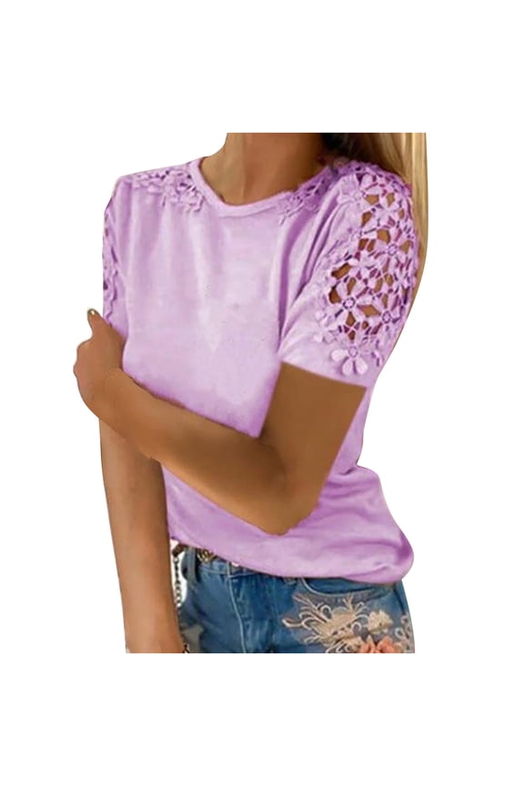 Plus Size Spring Clothes for Women Dressy Casual Lace Short Sleeve Blouses Crew Neck Hollow out Embroiderey Shirts