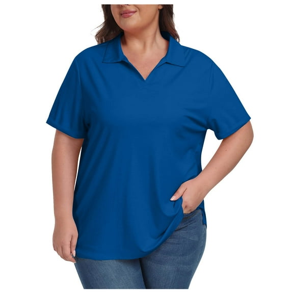 hotojiny Plus Size Spring Clothes for Women Soft Comfortable Collar V Neck Golf Shirt Loose Short Sleeve Work Office Tee
