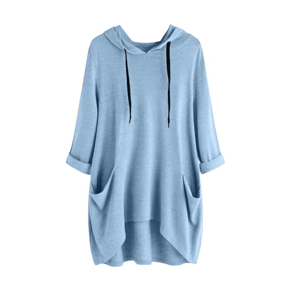 hotojiny Plus Size Spring Clothes for Women Soft High-Low Long Sleeve Rolled Sweatshirt Oversized Lightweight Hooded Drawstring Pullover