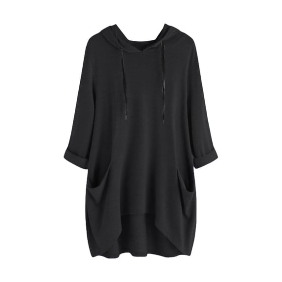 hotojiny Plus Size Spring Clothes for Women Soft High-Low Long Sleeve Rolled Sweatshirt Oversized Lightweight Hooded Drawstring Pullover