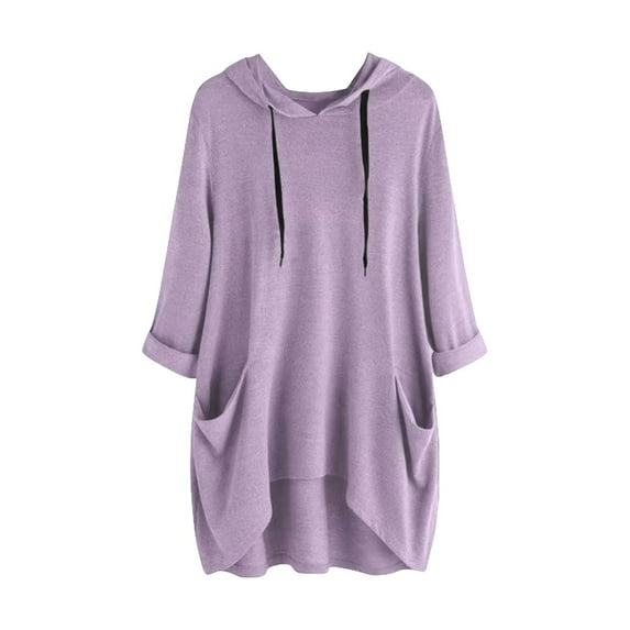 hotojiny Plus Size Spring Clothes for Women Soft High-Low Long Sleeve Rolled Sweatshirt Oversized Lightweight Hooded Drawstring Pullover