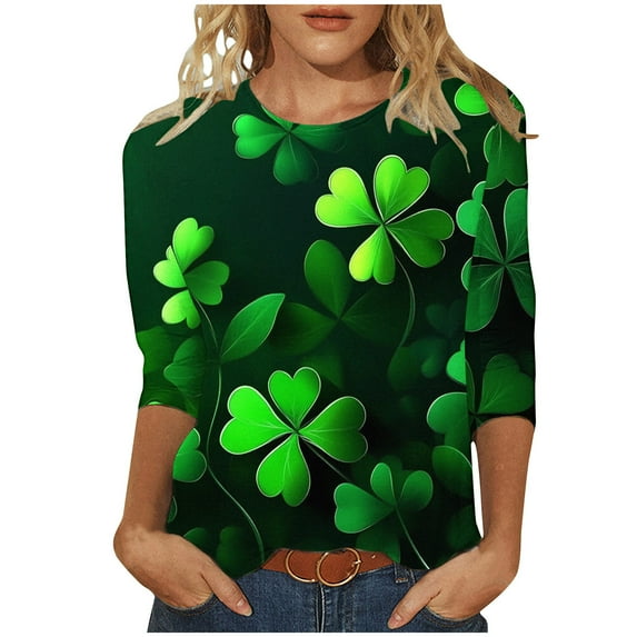 hotojiny Plus Size St. Patrick's Day Tops for Women Fashion Spring Cute 3/4 Sleeve Shirts Lounge Loose Crewneck Blouse