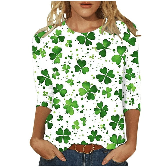 hotojiny Plus Size St. Patrick's Day Tops for Women Fashion Spring Cute 3/4 Sleeve Shirts Lounge Loose Crewneck Blouse