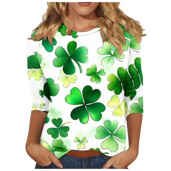 hotojiny Plus Size St. Patrick's Day Tops for Women Fashion Spring Cute 3/4 Sleeve Shirts Lounge Loose Crewneck Blouse