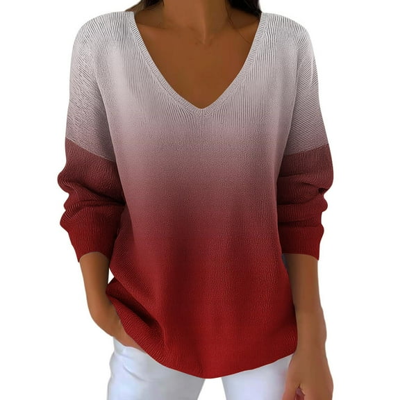 hotojiny Plus Size Sweaters for Women Fall Trendy Gradient V Neck Casual Tops Soft Warm Long Sleeve Knit Blouses S-5Xl