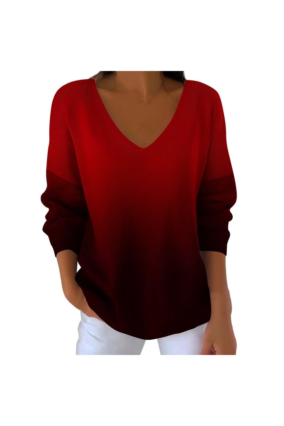 Plus Size Sweaters for Women Fall Trendy Gradient V Neck Casual Tops Soft Warm Long Sleeve Knit Blouses S-5Xl