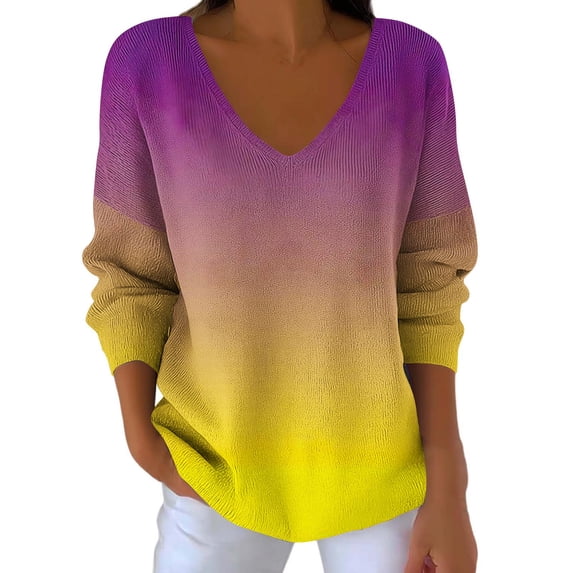 hotojiny Plus Size Sweaters for Women Fall Trendy Gradient V Neck Casual Tops Soft Warm Long Sleeve Knit Blouses S-5Xl