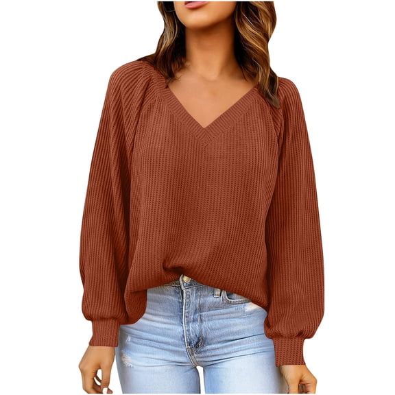 hotojiny Plus Size Sweatshirt for Women V Neck Lantern Long Sleeve Fall Tops Trendy Fashion Knit Pullover Spring Outfit