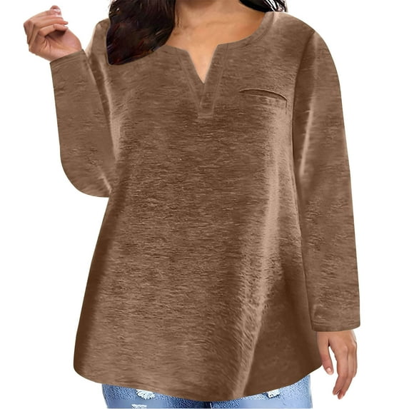hotojiny Plus Size Tops for Women Fall Long Sleeve Lightweight T Shirts Casual V Neck Tunic Tops with Pocket