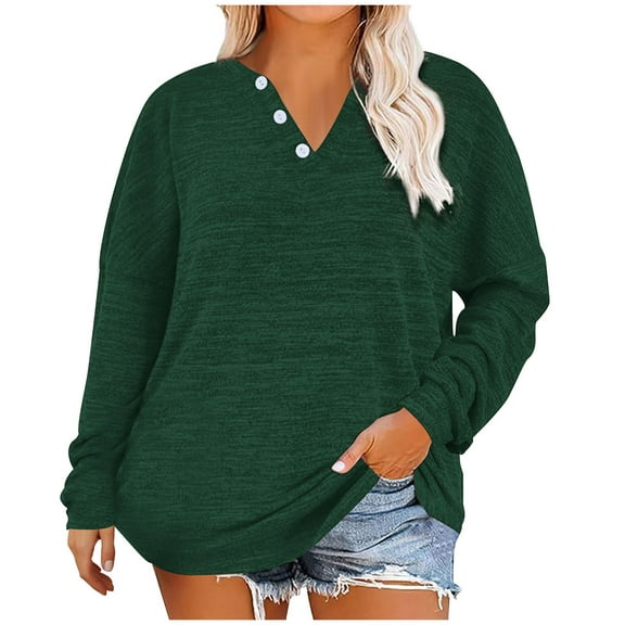 hotojiny Plus Size Tops for Women Fall Long Sleeve Loose Tunic Tops V Neck Button Casual Lightweight T Shirts