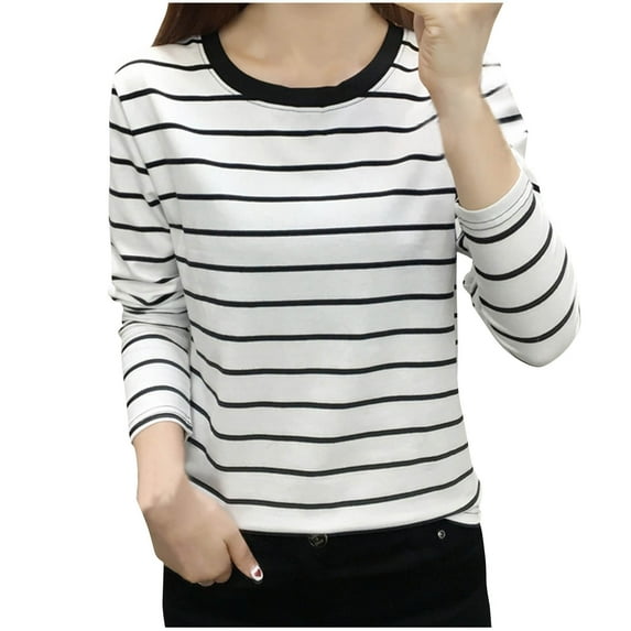 hotojiny Plus Size Tops for Women Fall Casual Crew Neck T Shirts Long Sleeve Striped Fashion Loose Tunics Tops