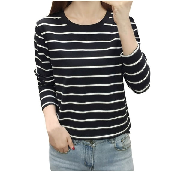hotojiny Plus Size Tops for Women Fall Casual Crew Neck T Shirts Long Sleeve Striped Fashion Loose Tunics Tops