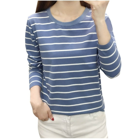 hotojiny Plus Size Tops for Women Fall Casual Crew Neck T Shirts Long Sleeve Striped Fashion Loose Tunics Tops