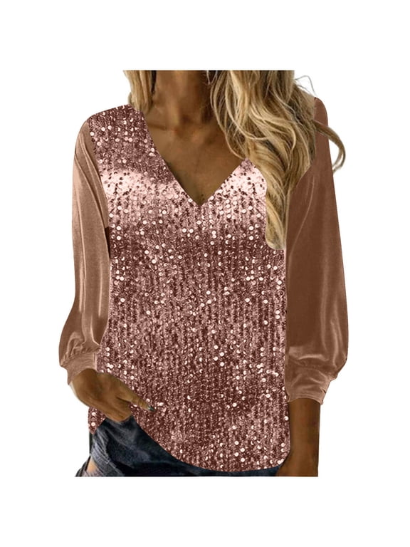 Plus Size Tops for Women Sequin Glitter V Neck Dressy Blouse Trendy Velvet Long Sleeve Shirt for Evening Party Night