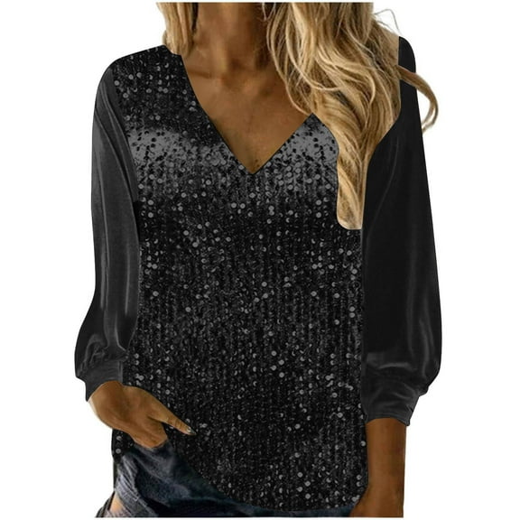 hotojiny Plus Size Tops for Women Sequin Glitter V Neck Dressy Blouse Trendy Velvet Long Sleeve Shirt for Evening Party Night