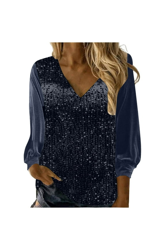Plus Size Tops for Women Sequin Glitter V Neck Dressy Blouse Trendy Velvet Long Sleeve Shirt for Evening Party Night