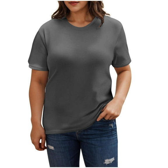 hotojiny Plus Size Tops for Women Solid Color Crew Neck Short Sleeve Summer T Shirts Trendy Loose Casual Tee