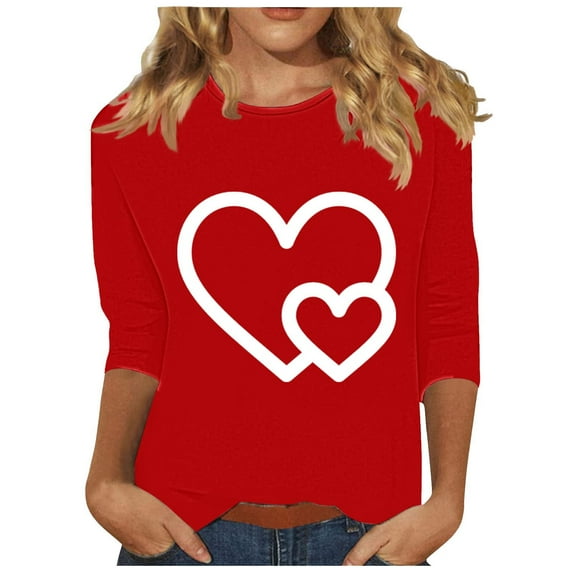 hotojiny Plus Size Valentine's Day Tops for Women 3/4 Sleeve Fashion Cute Soft T Shirts Lounge Crewneck Comfy Tops