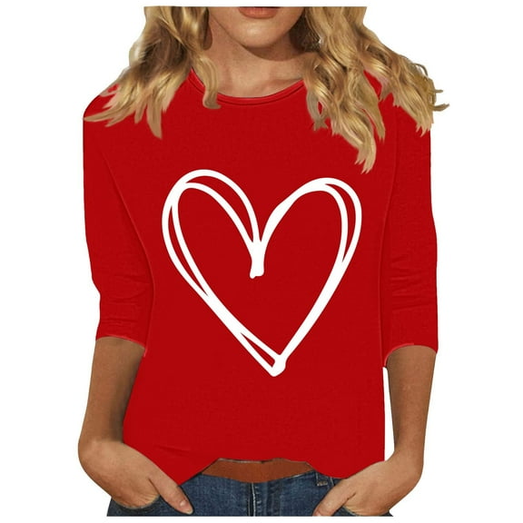 hotojiny Plus Size Valentine's Day Tops for Women 3/4 Sleeve Fashion Cute Soft T Shirts Lounge Crewneck Comfy Tops