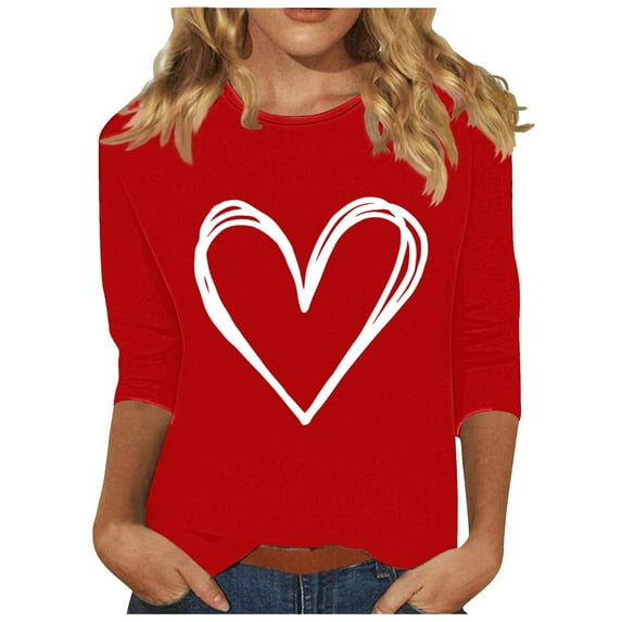 hotojiny Plus Size Valentine's Day Tops for Women 3/4 Sleeve Fashion Cute Soft T Shirts Lounge Crewneck Comfy Tops