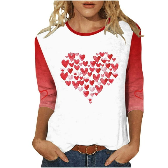 hotojiny Plus Size Valentine's Day Tops for Women 3/4 Sleeve Fashion Cute Soft T Shirts Lounge Crewneck Comfy Tops