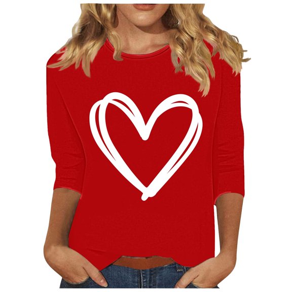 hotojiny Plus Size Valentine's Day Tops for Women 3/4 Sleeve Fashion Cute Soft T Shirts Lounge Crewneck Comfy Tops