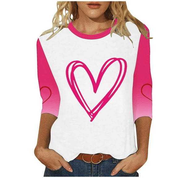 hotojiny Plus Size Valentine's Day Tops for Women 3/4 Sleeve Fashion Cute Soft T Shirts Lounge Crewneck Comfy Tops
