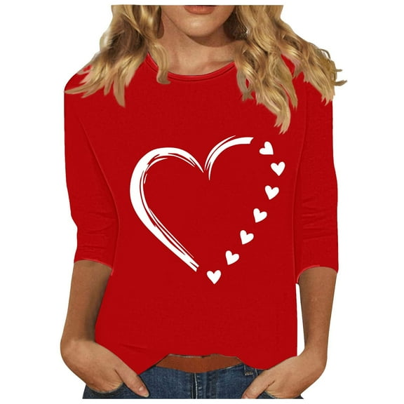 hotojiny Plus Size Valentine's Day Tops for Women 3/4 Sleeve Fashion Cute Soft T Shirts Lounge Crewneck Comfy Tops