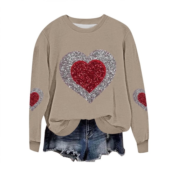 hotojiny Plus Size Valentines Sweatshirt Women Lightweight Crew Neck Heart Pullover Valentine's Day Long Sleeve Shirt S-5XL