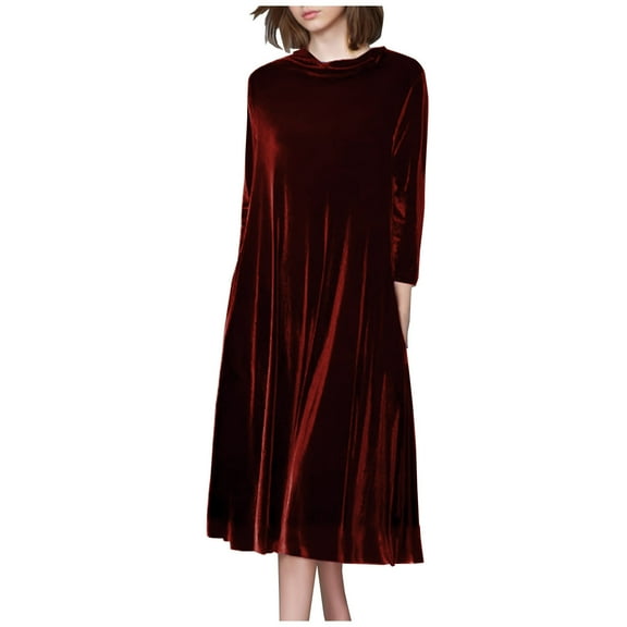 hotojiny Plus Size Velvet Dress for Women Vintage Soft Comfy Midi Dress Casual Elegant Longs Seeve Mock Neck Long Dress