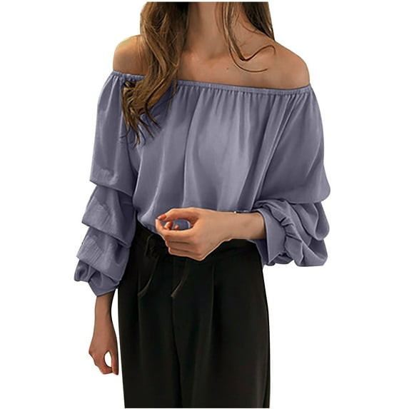 hotojiny Plus Size off Shoulder Tops for Women Elegant Long Sleeve Ruffle Chiffon Shirts Fashion Going out Tops