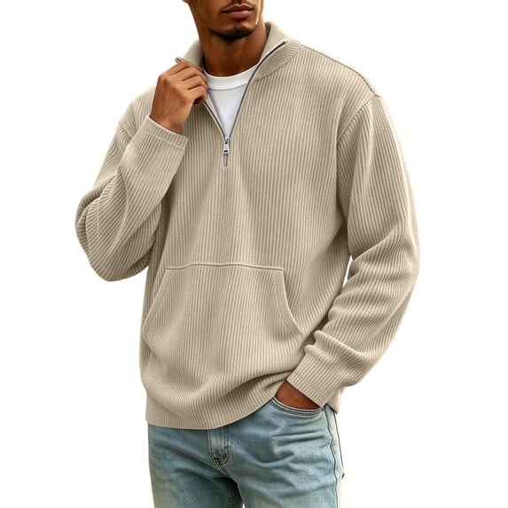 hotojiny Quarter Zip Pullover Men Vintage Corduroy Mock Neck Sweatshirts Fall Winter Long Sleeve Casual Golf Shirt Work Sports Tops(Khaki,Medium)