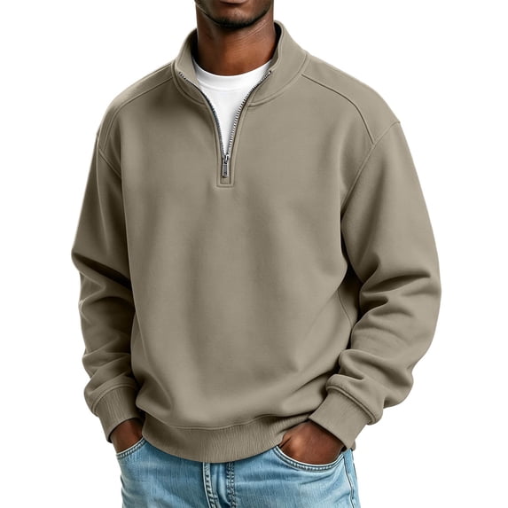 hotojiny Quarter Zip Pullover Mens Loose Fit Stand Collar Casual Sweatshirt Oversized Solid Basic Athletic Shirt(Khaki,5X-Large)