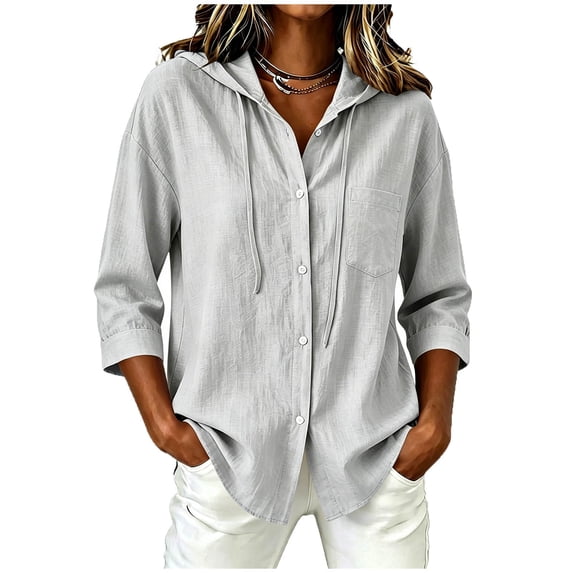 hotojiny Rash Guard for Women Sun Protection Clothing Button down Hoodie Trendy 3/4 Sleeve Beach Shirts with Drawstring