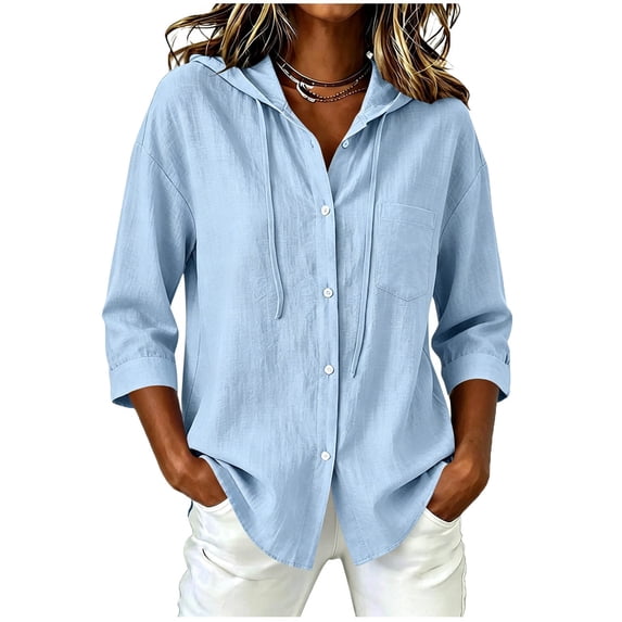 hotojiny Rash Guard for Women Sun Protection Clothing Button down Hoodie Trendy 3/4 Sleeve Beach Shirts with Drawstring
