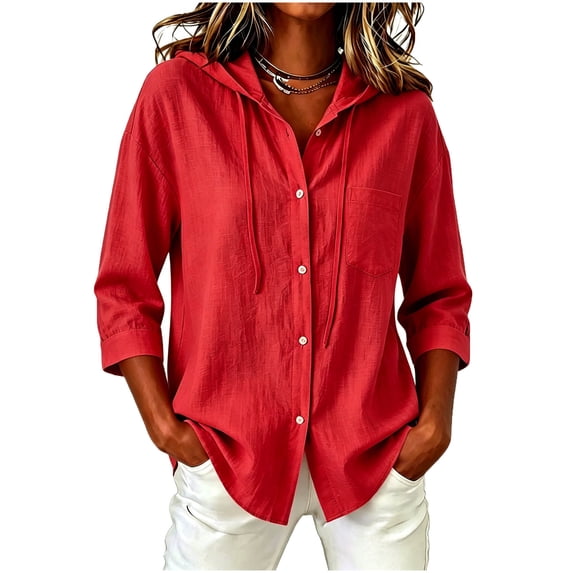 hotojiny Rash Guard for Women Sun Protection Clothing Button down Hoodie Trendy 3/4 Sleeve Beach Shirts with Drawstring