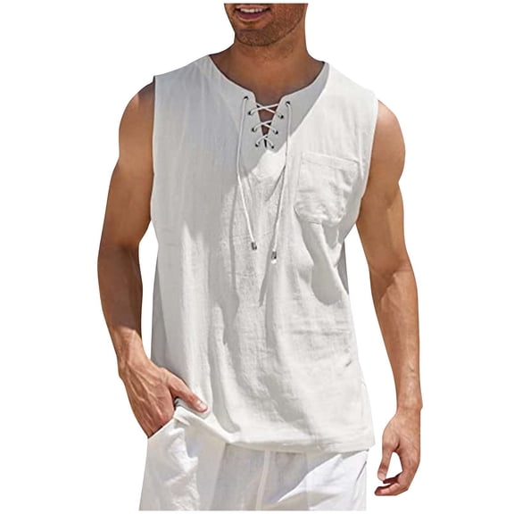 hotojiny Renaissance Shirts for Men Medieval Lace-Up Plain Tank Top Casual Sleeveless Cotton Linen Shirt for Party Club